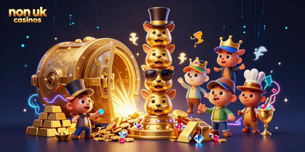 Experience the thrill of non uk casinos illustrated with a vibrant totem pole and treasure-filled atmosphere.