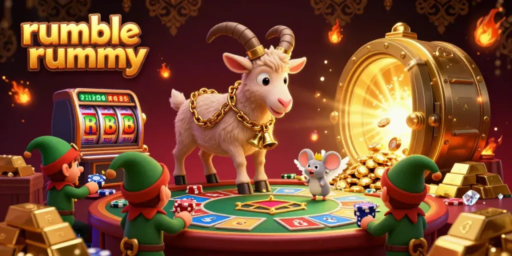 Play Rumble Rummy at a lively casino with a Krampus goat, angel mouse, and elf gremlins amidst vibrant gaming elements.