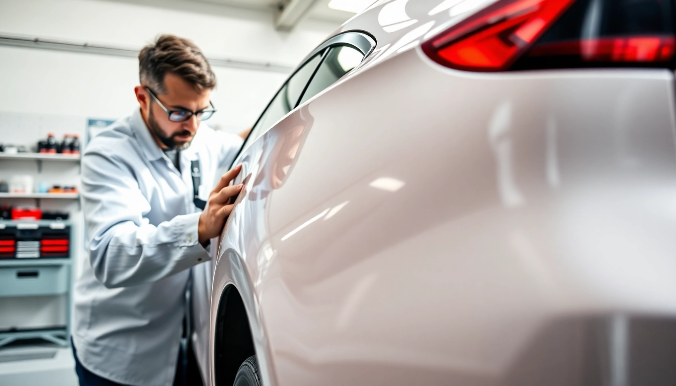 Applying PPF winter road salt protection to a vehicle's surface in a professional workshop setting.