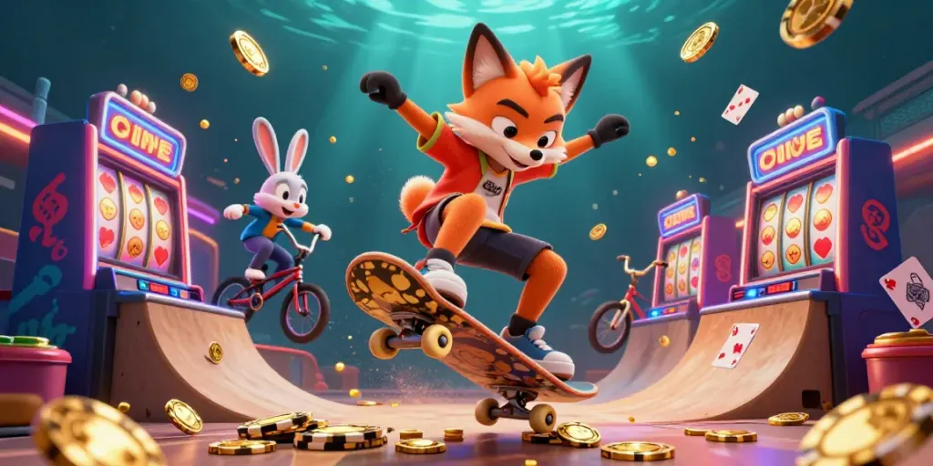 phimmoi showcases a vibrant scene with a cartoon fox skateboarder and a BMX rabbit in a casino atmosphere illustrating gambling action.
