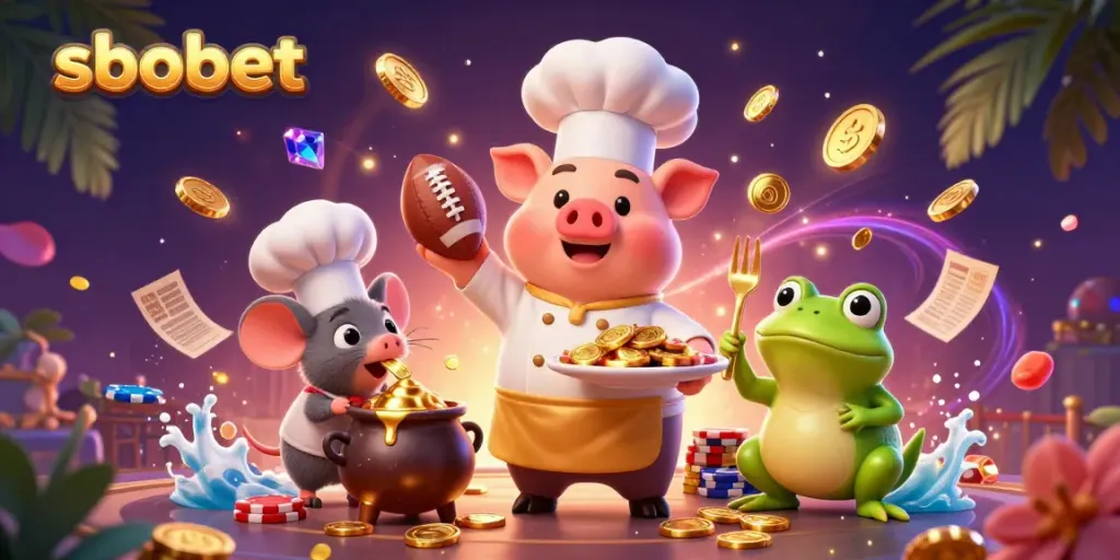 Engage with sbobet and win as a chef pig serves gold coins in a lively sports betting scene