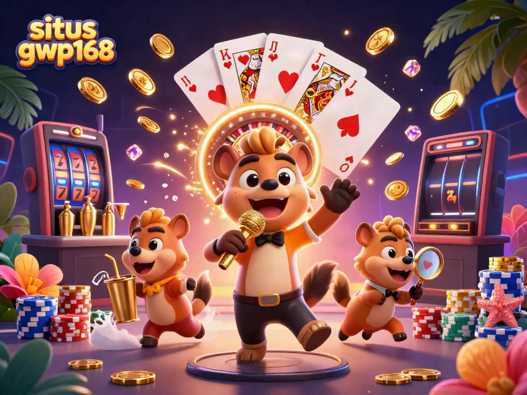 Gambarkan situs gwp168 dengan hyena komedi dan elemen kasino berkilau dalam ilustrasi 3D.