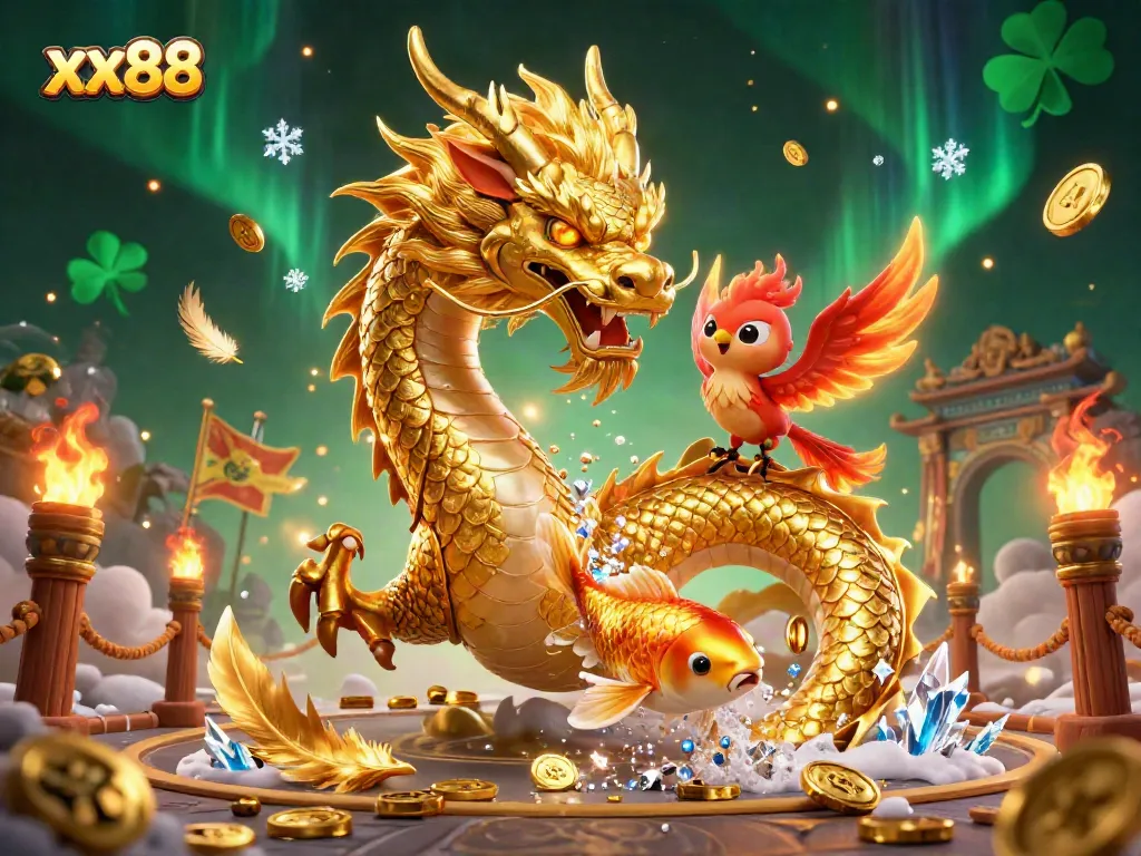 Experience thrilling gameplay at xx88 with a golden dragon, phoenix, and koi fish in a vibrant casino scene.