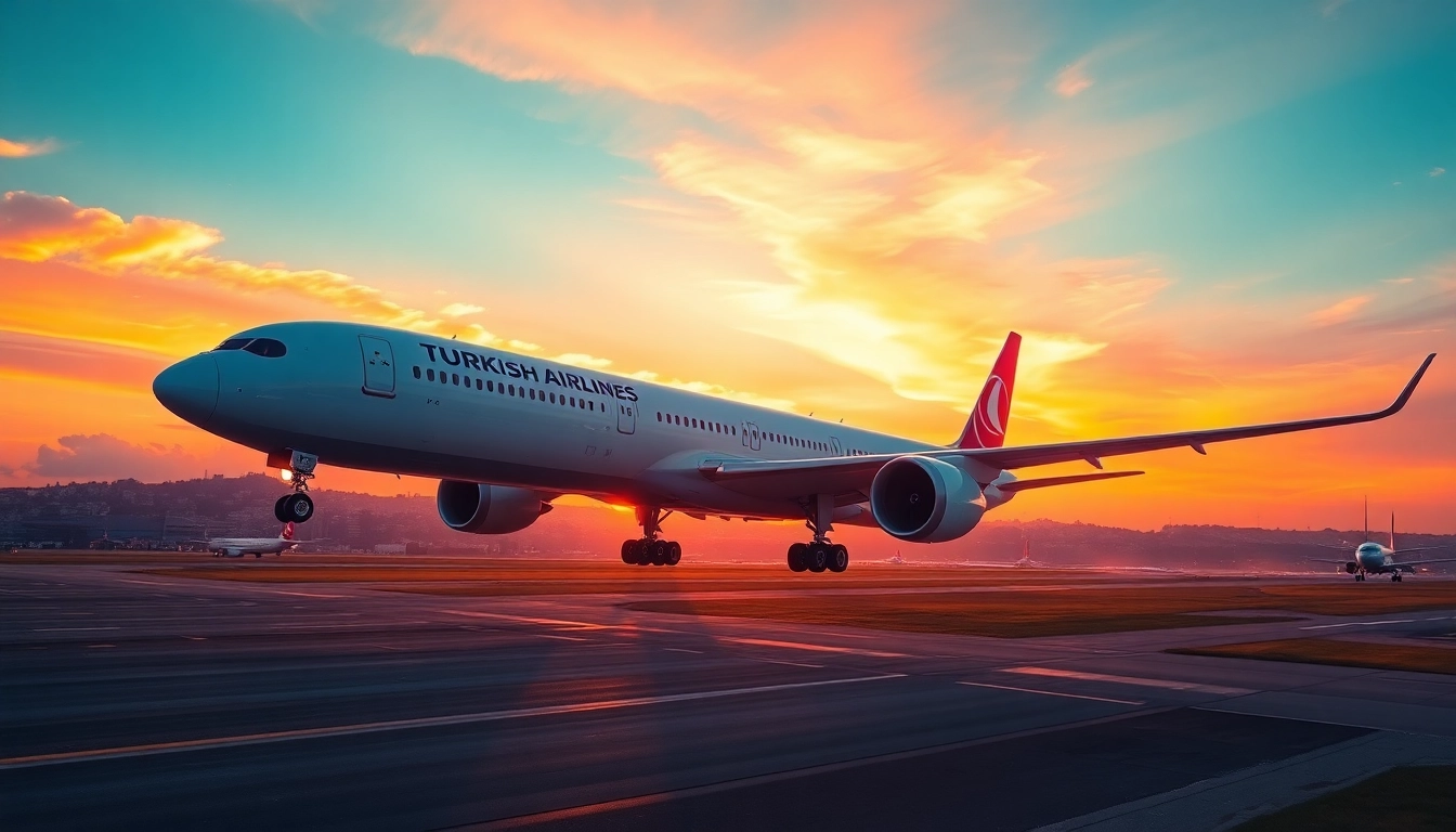 Turkish Airlines flight TK88 taking off from Istanbul Airport at sunset, exuding travel excitement.