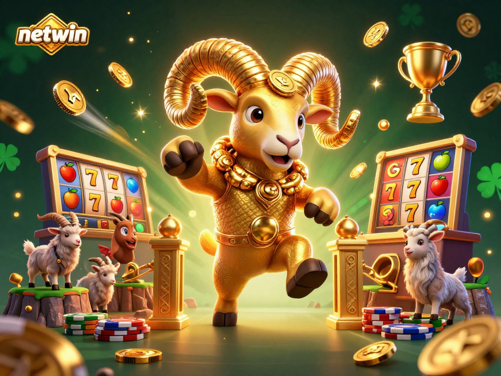 Experience the excitement of netwin with a dynamic scene of a golden ram charging through a casino.