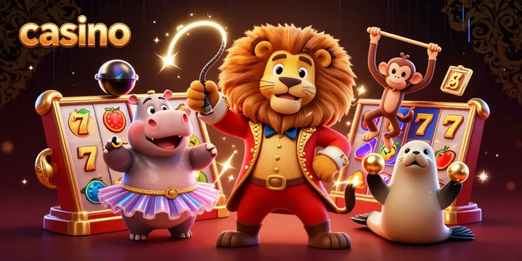 Engaging casino scene with cartoon animals celebrating wins through slot reels and jackpot themes.