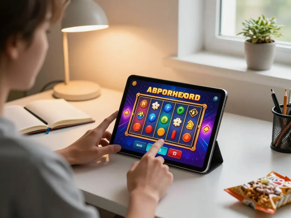Memainkan Demo Slot di tablet dalam suasana rumah yang nyaman dengan camilan dan catatan.