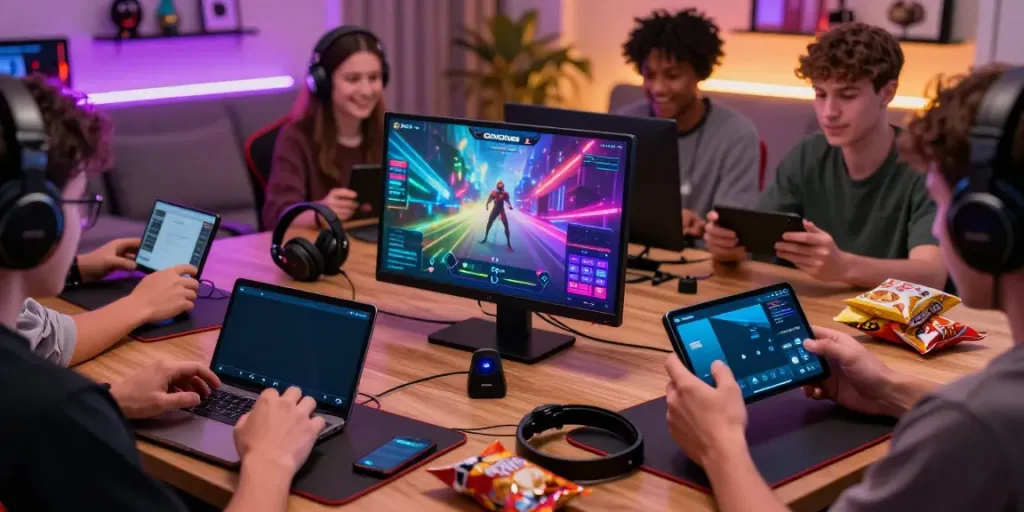 Engaging gaming scene showcasing ORION88 app on mobile devices with vibrant atmosphere.