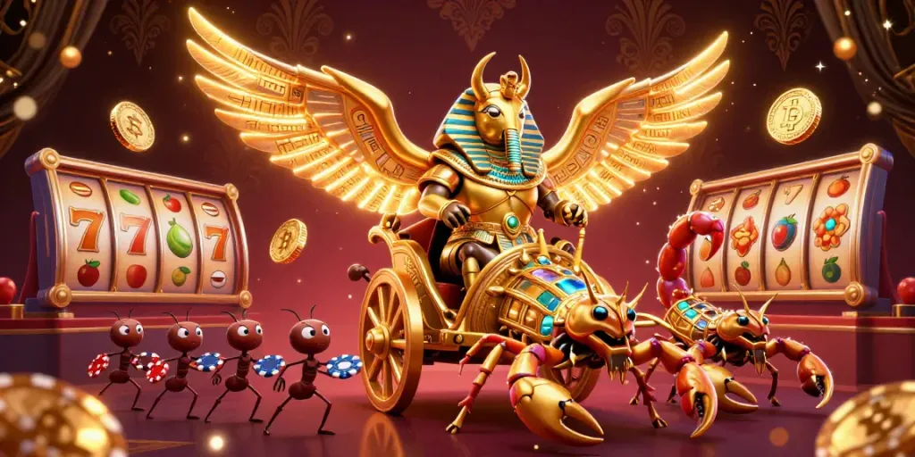 Permainan slot menarik di healthmagzone dengan scarab emas dan chip poker menyala.