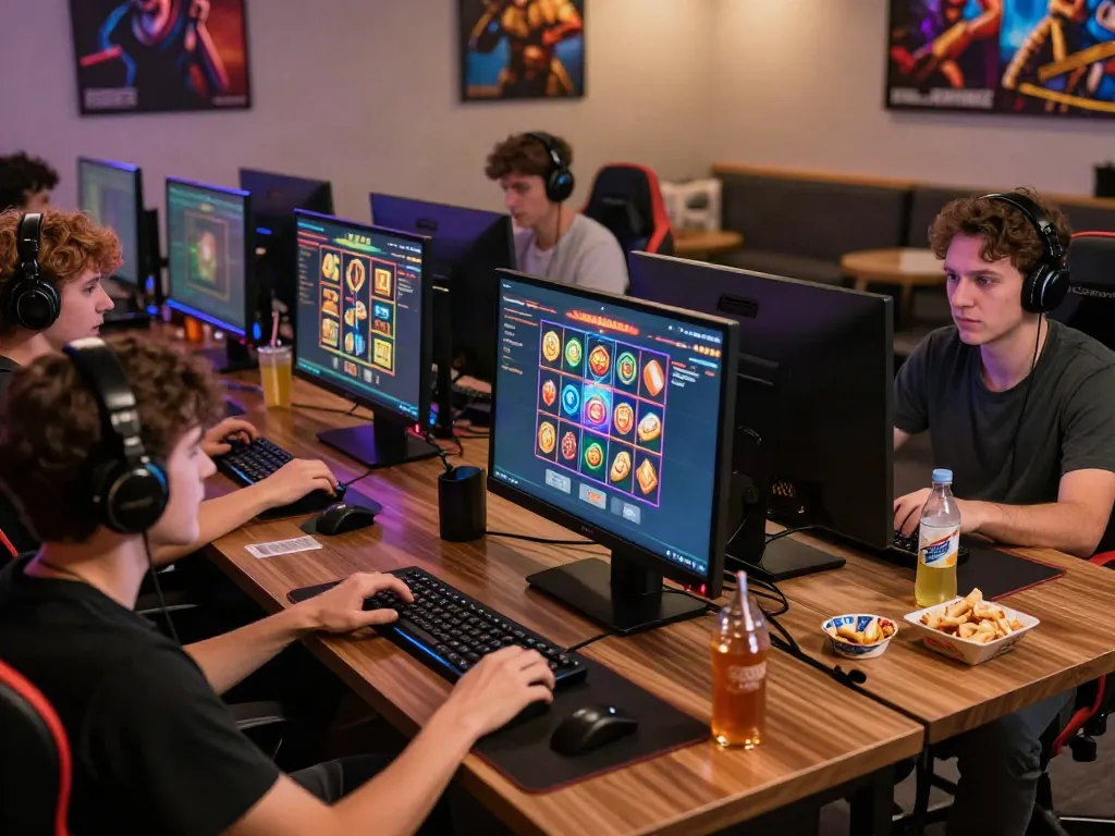 A lively online gaming session with diverse players enjoying akunjp slot games in a vibrant lounge setting.