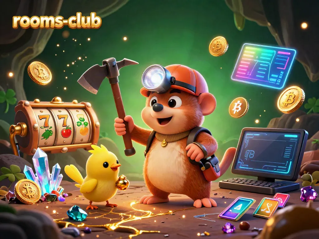 Permainan slot yang menampilkan elemen "rooms-club" di latar belakang dengan karakter penambang yang berinteraksi di dunia digital.