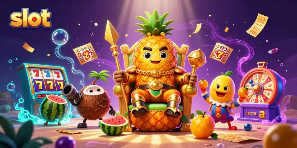 Slot demo gacor dengan raja nanas dan penjaga kelapa di latar kasino, hadiah menanti!