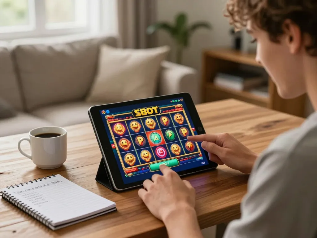 Player enjoying a slot game on 988slot, with tablet in cozy home setting and strategic notes nearby.