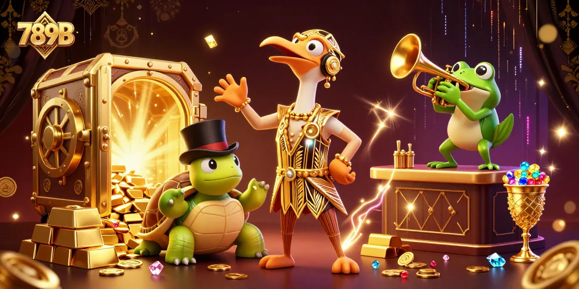 Win big with 789B as vibrant casino characters celebrate surrounded by treasures and games.