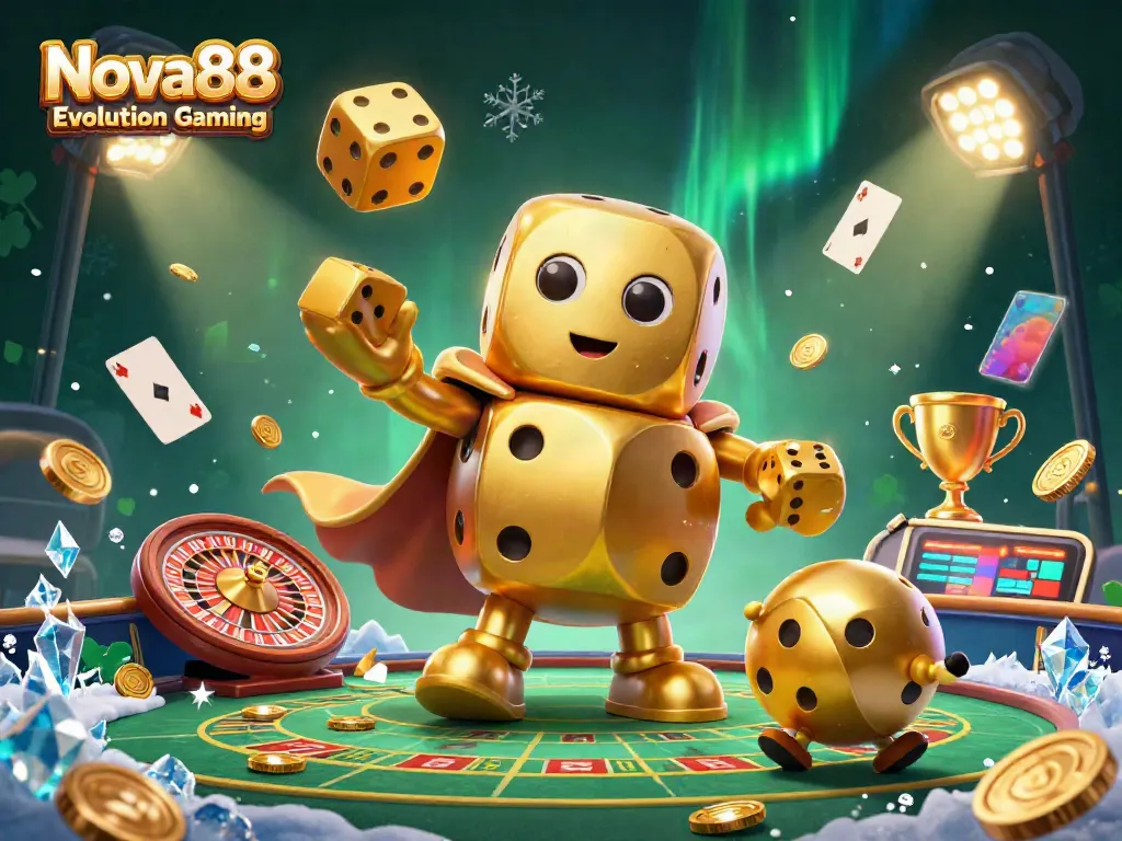 Engage in thrilling gameplay with Nova88 Evolution Gaming, featuring a lively animated scene with live casino elements.
