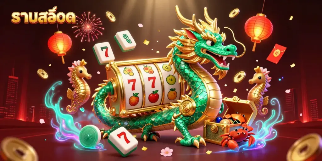Experience the excitement of รวมสล็อต with this vibrant 3D scene of spinning slot reels featuring lucky 7s and fruit symbols.