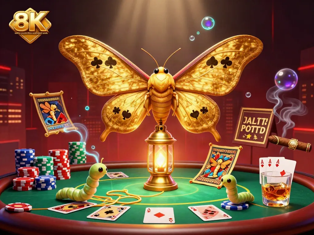 A mesmerizing scene showcasing online casinos that accept credit cards with an atlas moth, golden lantern, and vibrant poker elements.