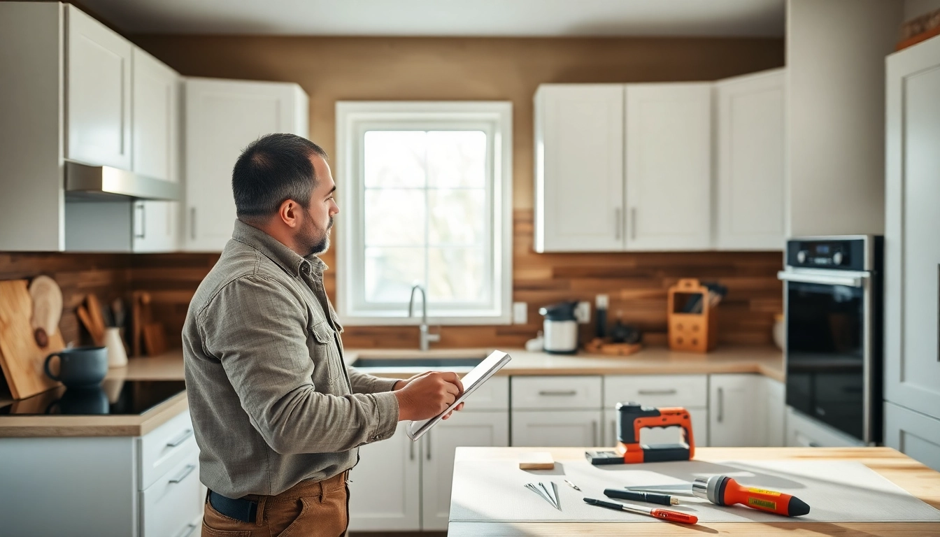 Enhance your home with Cabinet Refacing Saint Petersburg FL showcasing a skilled craftsman refinishing kitchen cabinets.