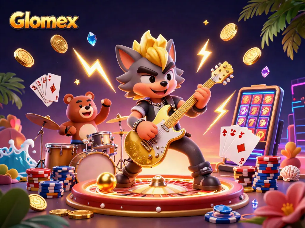 Glomex showcases an exciting casino scene with rock star action, roulette, and dazzling slots.