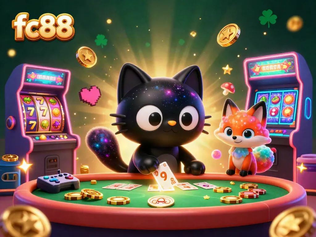 Win big with fc88 as a cartoon cosmic black hole cat and nebula fox at a vibrant casino table.