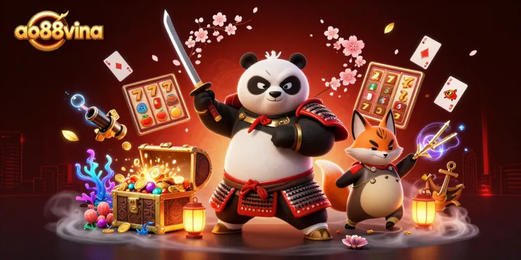 Engage with ao88vina as the samurai panda prepares for a jackpot win in this vibrant illustration.