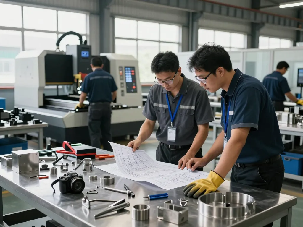 Engineers collaborating on stainless steel fabrication using sumwin technology in a bright industrial workspace.