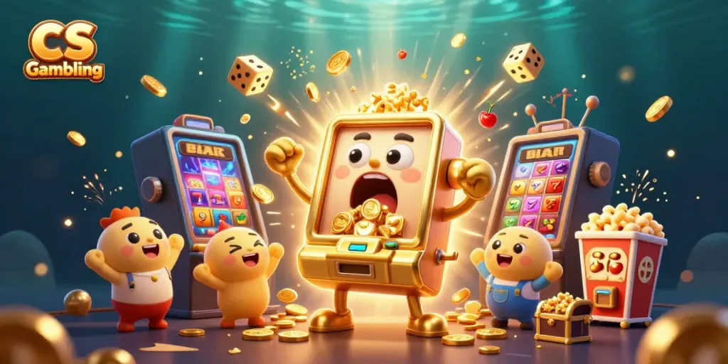 CS Gambling scene with a golden slot machine celebrating a jackpot, surrounded by action-packed gaming symbols.