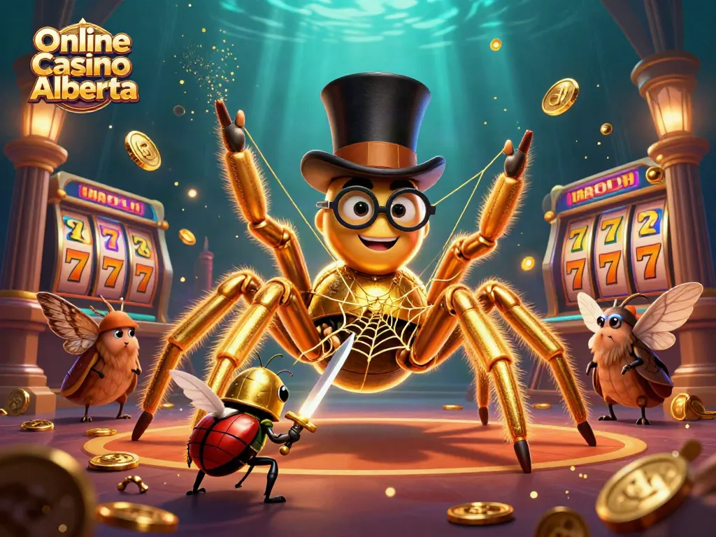 Join the action at Online Casino Alberta with vibrant slots and characters in an engaging scene.