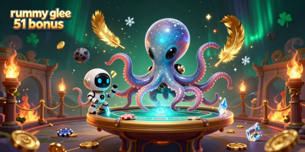 Bonus ₹51 Rummy Glee dengan karakter alien berwarna-warni beraksi di meja poker holografis.