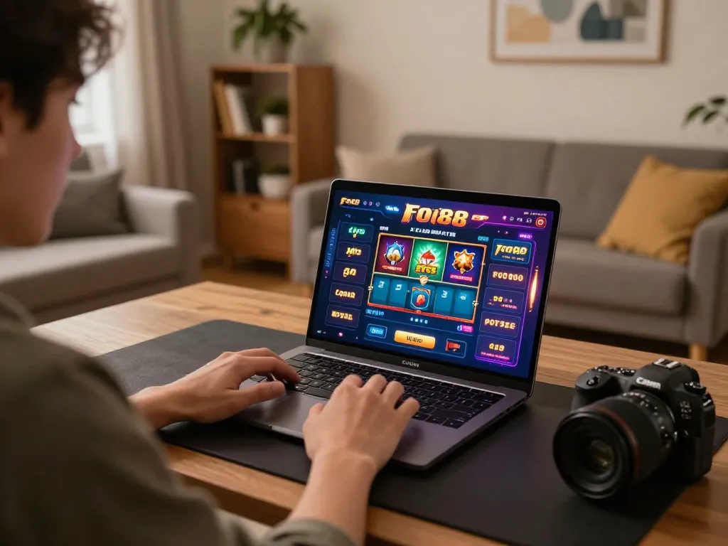 Player immersed in fo88 online casino gaming on laptop in a cozy living room.