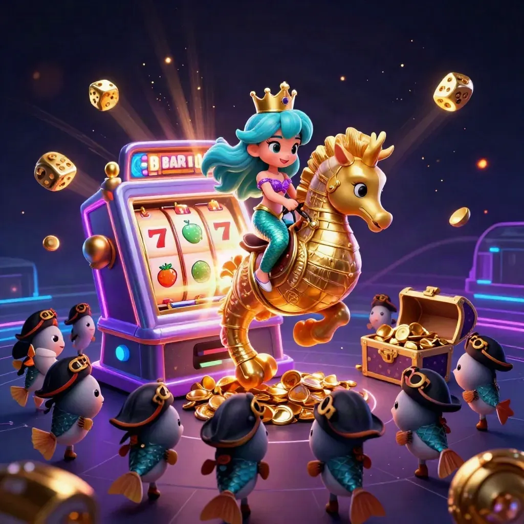 Mermaid princess rides armored seahorse as slot reels burst with gold, fish pirates and neon casino light.