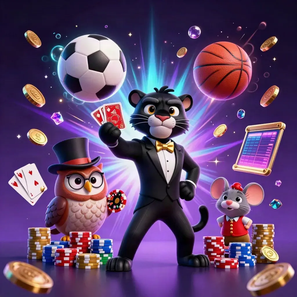 Panther, owl, and mouse amid flying coins, chips, roulette, and neon sports balls.