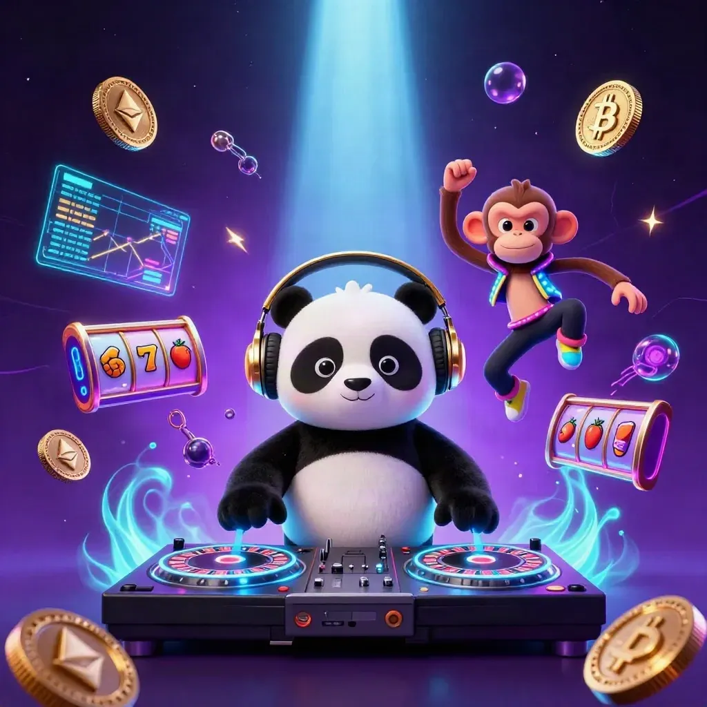 Neon DJ panda, breakdancing monkey, and glow-stick kitten in a sci-fi casino rave burst