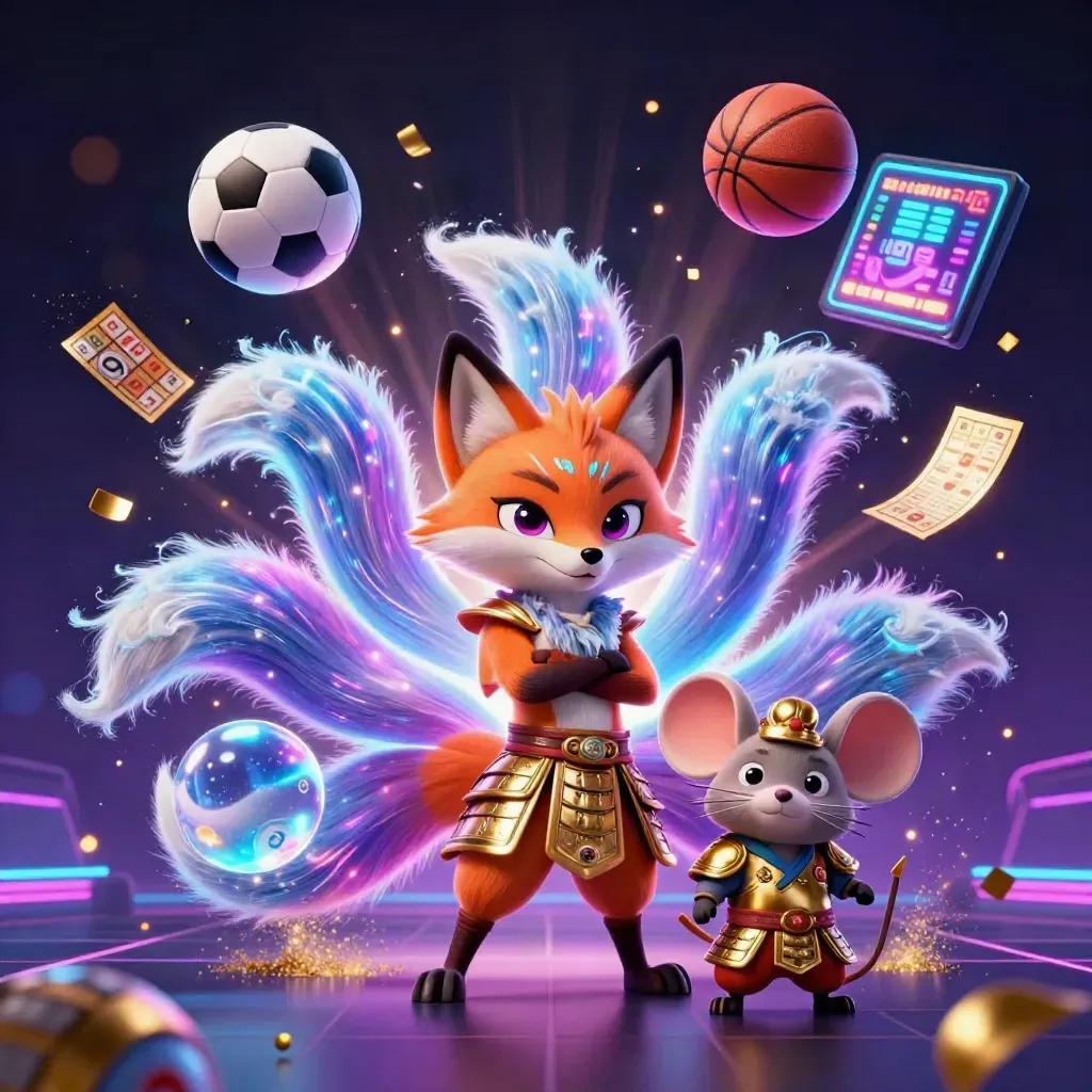Neon fox spirit and armored mouse amid casino game objects, glowing in sci-fi blue and purple.