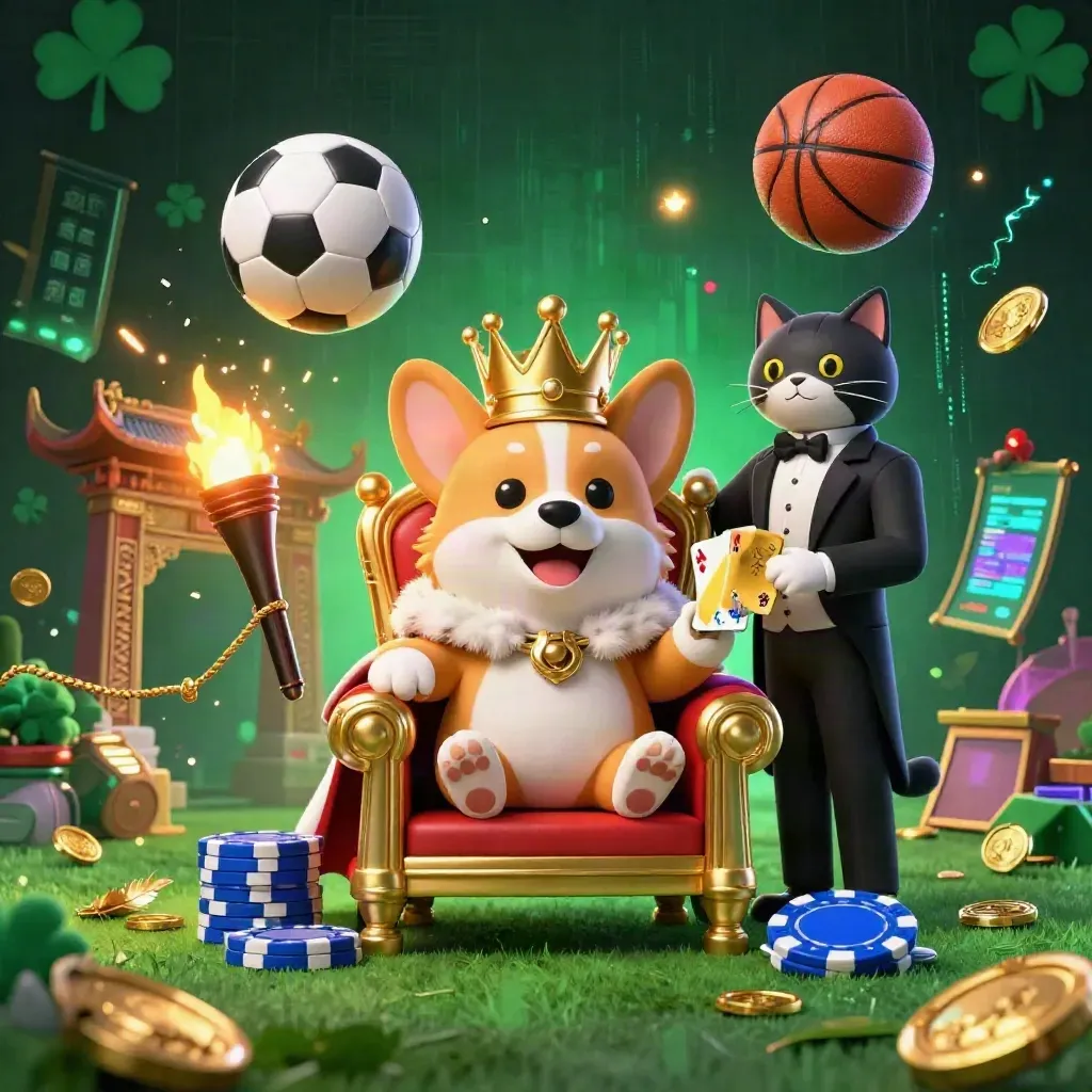 Royal corgi and cat butler amid flying ball, coins, neon casino sports energy