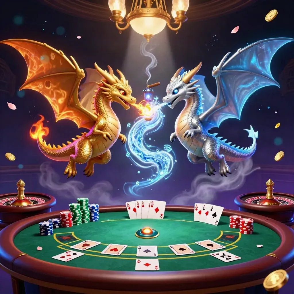 Twin dragons in a neon casino room with cards, chips, wheel, and magical lights.