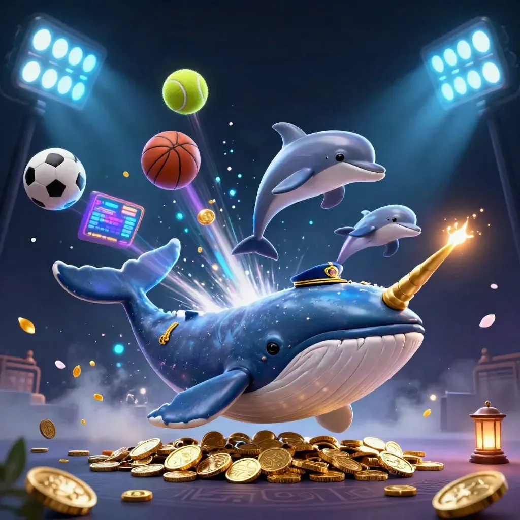 Whale, narwhal, and dolphins amid flying sports balls, coins, trophy, and neon lights.