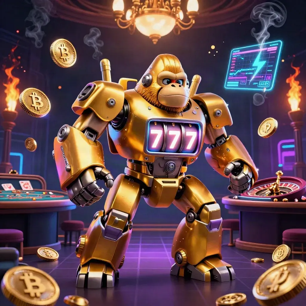 Golden gorilla mech with tiny pilot amid neon coins, cards, brass, smoke, and casino glow