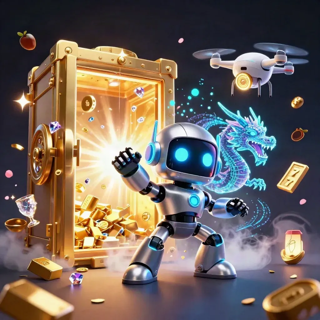 Cyborg robot, holographic dragon and coin drone burst from an open vault with gems and gold.