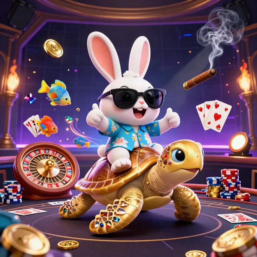 Rabbit on gem turtle with roulette wheel, coins, chips, cards and neon casino glow.