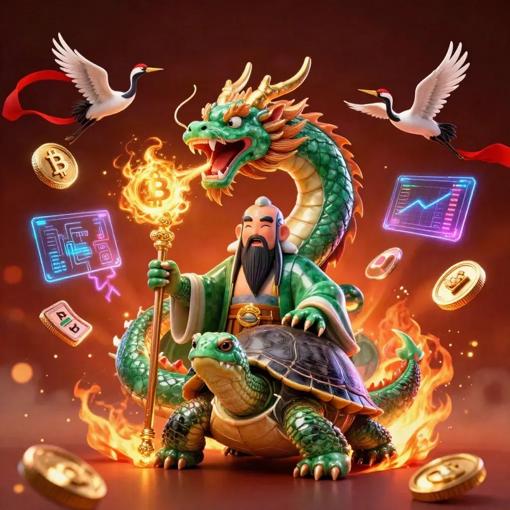 Emerald dragon, turtle sage, and cranes amid neon crypto magic and ember-lit casino energy.