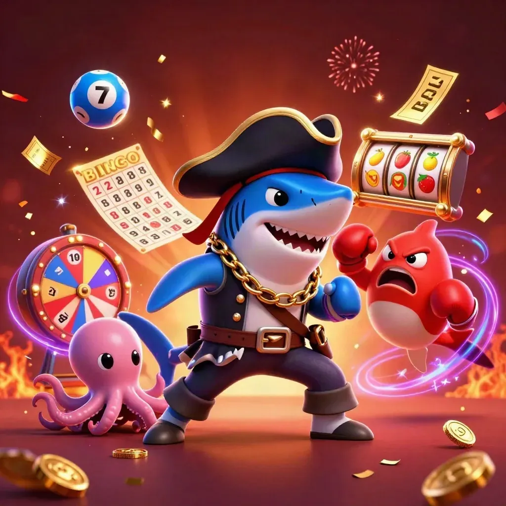 Pirate shark, boxing pufferfish, and juggling octopus amid casino loot, neon swirls, and fireworks.