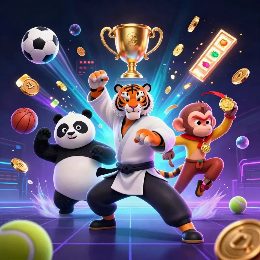 Kung-fu tiger, panda, and monkey amid neon sports balls, trophy, coins, and casino glow