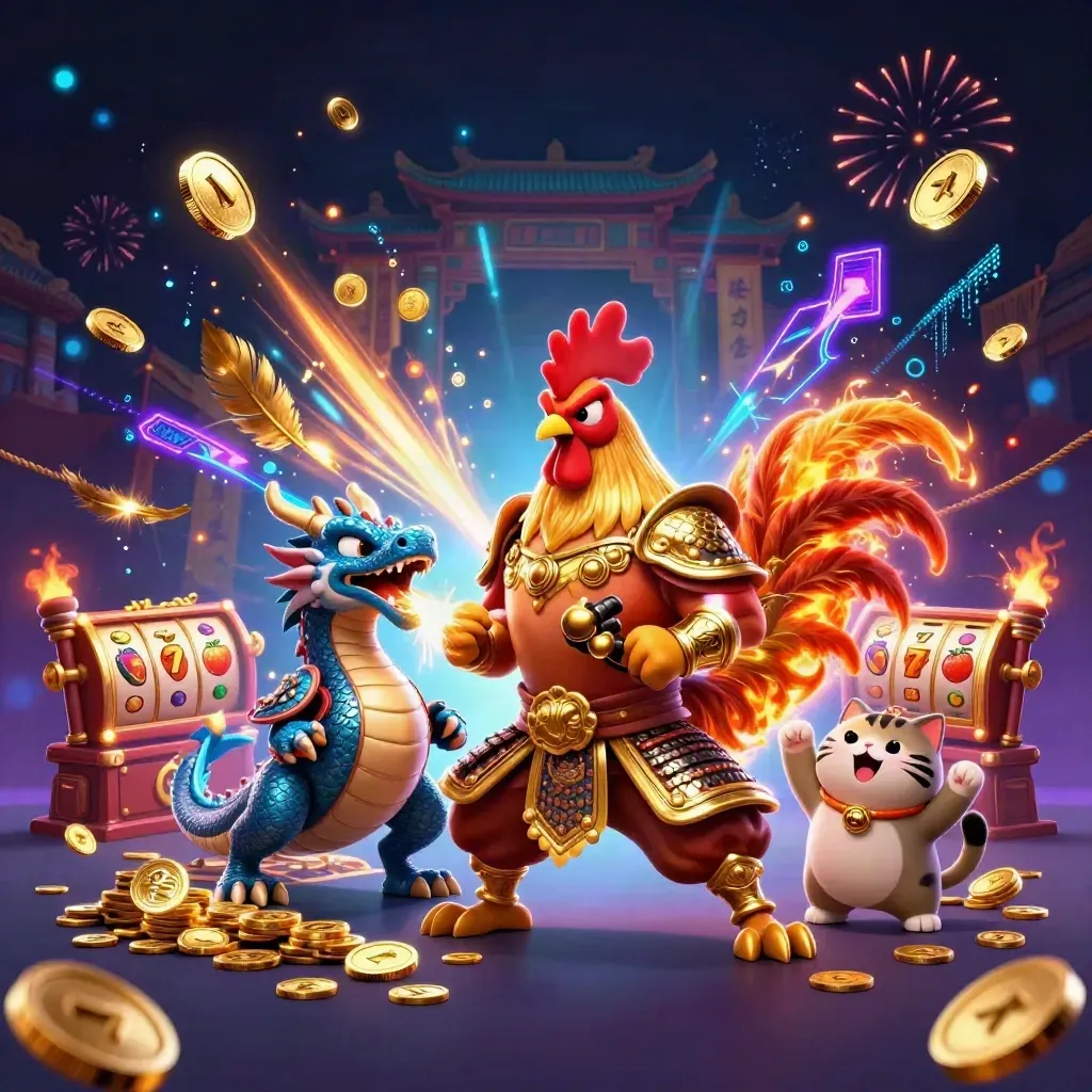 Rooster warrior, dragon hatchling, and fortune cat amid neon coins, fireworks, and casino magic.
