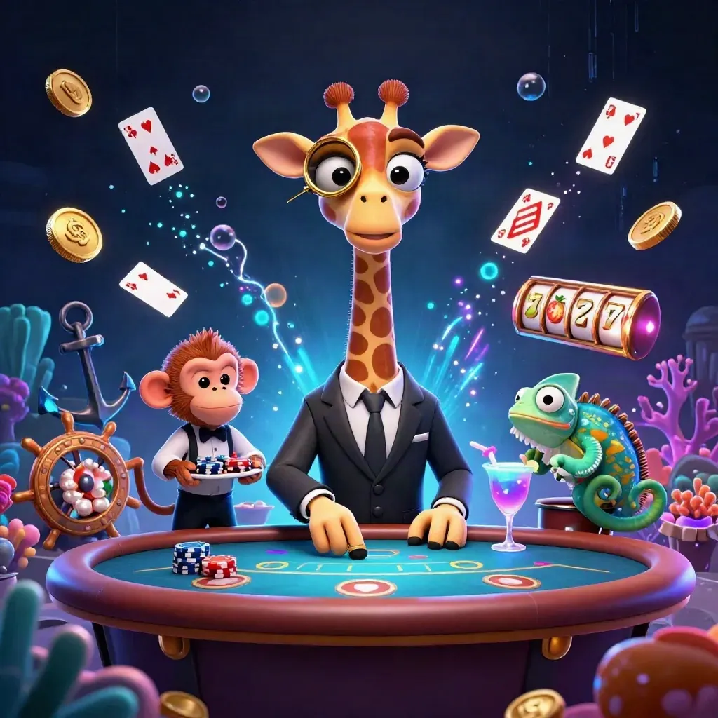 Neon casino giraffe, monkey valet, and chameleon bartender amid treasure, bubbles, and blue energy