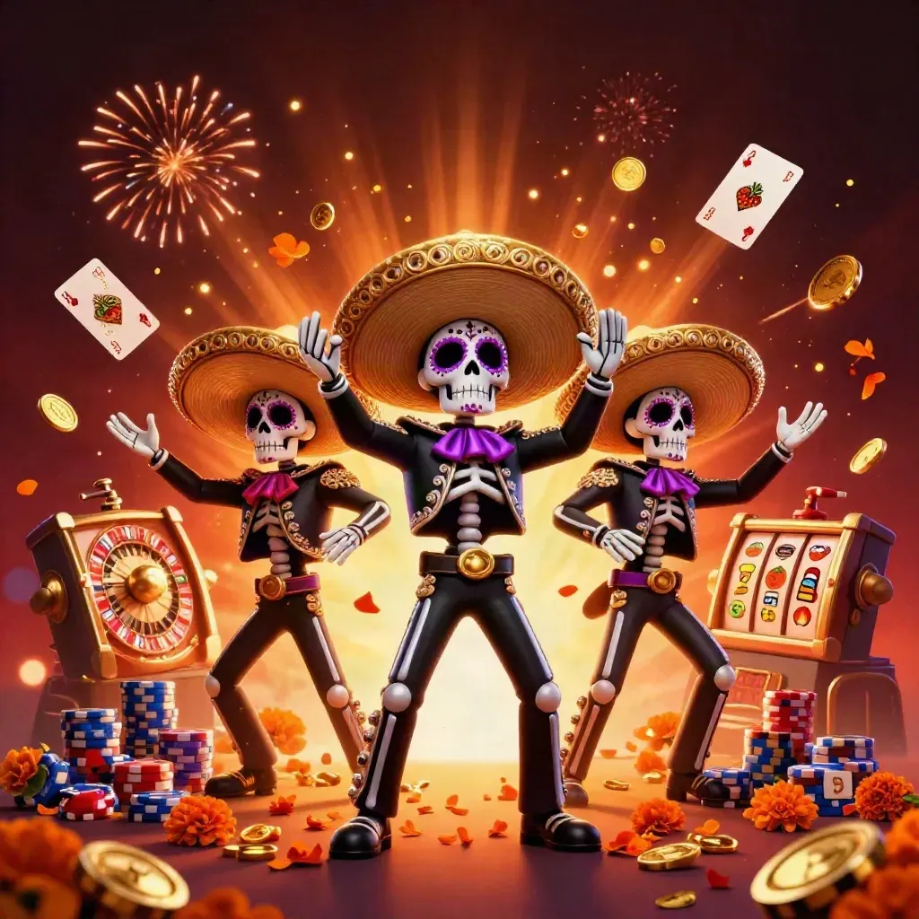 3 skeleton mariachi heroes amid exploding coins, roulette, chips, and fireworks in neon casino style