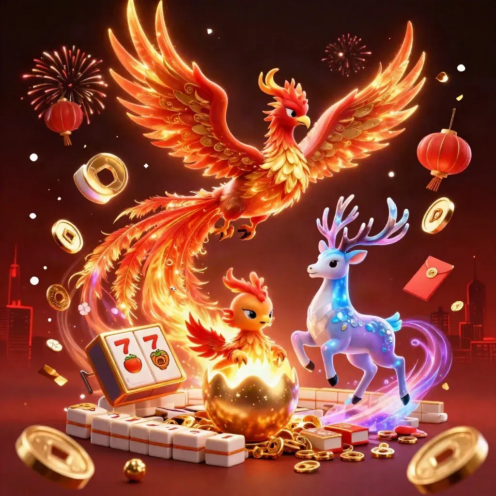 Phoenixes, a crystal stag, coins, lanterns and fireworks burst in a neon casino vault scene.