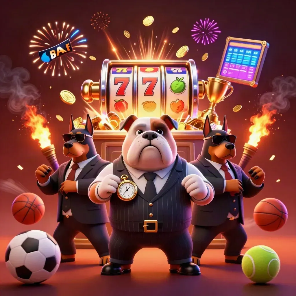 Bulldog boss and Doberman guards amid exploding coins, sports balls, trophies, and neon casino fire