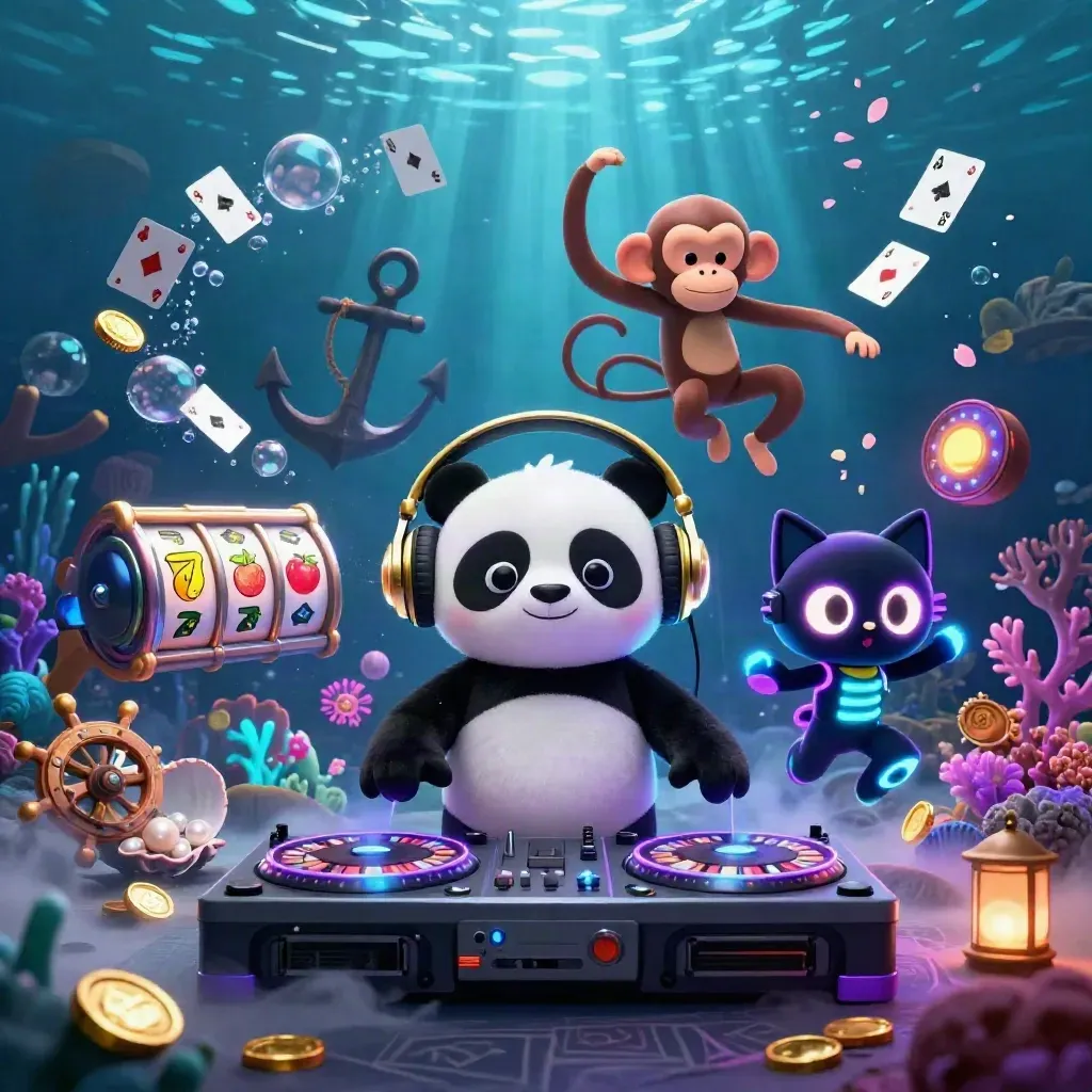 DJ panda, breakdancing monkey, and rave kitten amid neon treasure cove casino chaos.