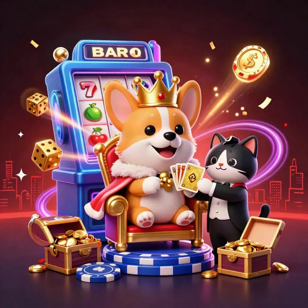 Royal corgi king and cat butler amid a jackpot blast, chips, dice, and neon casino magic.
